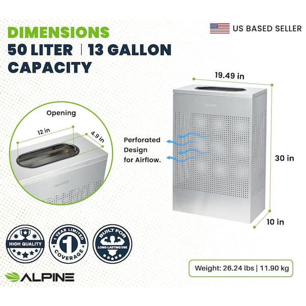 13 Gal. Perforated Steel Rectangular Stainless Steel Slim Commercial Trash Can with Open Top Lid