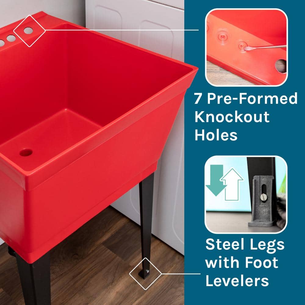 Red Thermoplastic Freestanding Laundry Sink with Stainless Faucet