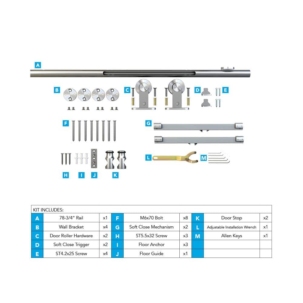 Stainless Steel Sliding Barn Door Hardware Kit with Soft Close, 78-3/4 inches