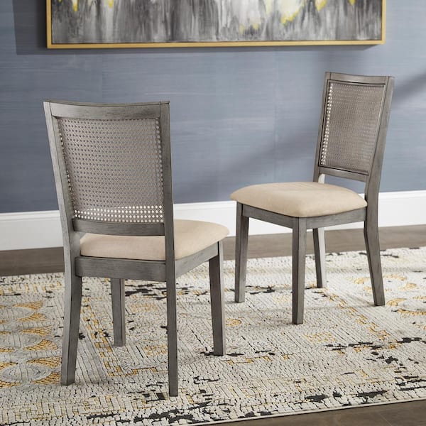 Antique Grey Beige Linen Rattan Back Dining Chairs (Set of 2)