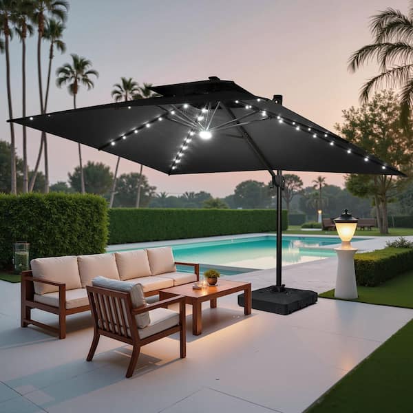 Crestlive Products 13 ft. x 10 ft. Outdoor Cantilever Umbrella with Solar Light Aluminum Offset Umbrella in Black with 220 lb. Wheeled Base