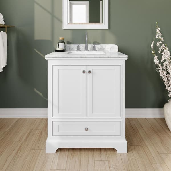 Wyndham Collection Deborah 30 in. Single Vanity in White with Marble Vanity Top in White Carrara with White Basin and 24 in. Mirror