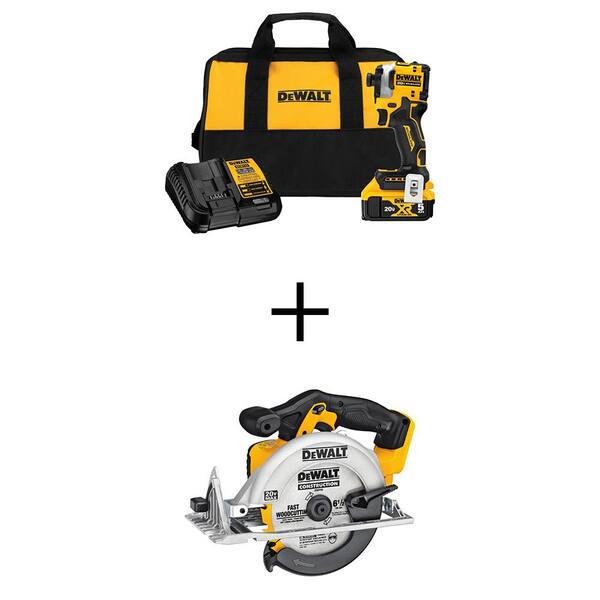 DEWALT ATOMIC 20V MAX Lithium-Ion Cordless 1/4 in. Brushless Impact Driver Kit and 6.5 in. Circ Saw with 5Ah Battery & Charger