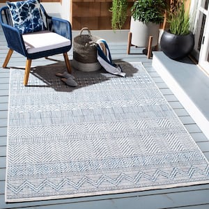 Courtyard Ivory/Navy 8 ft. x 8 ft. Striped Tribal Chevron Indoor/Outdoor Patio  Square Area Rug