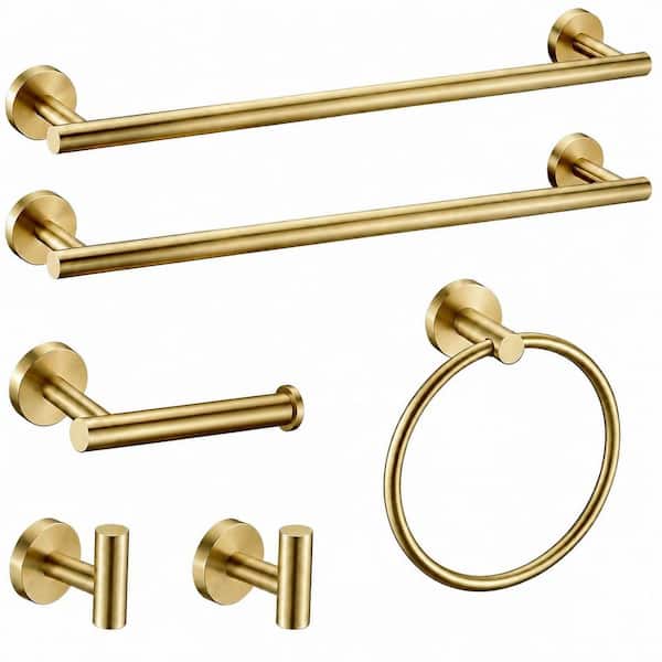 Brushed Gold Bathroom Hardware Set, 6 Piece, 24 Inch Stainless Steel Towel Bar, Round Wall Mounted Towel Holder