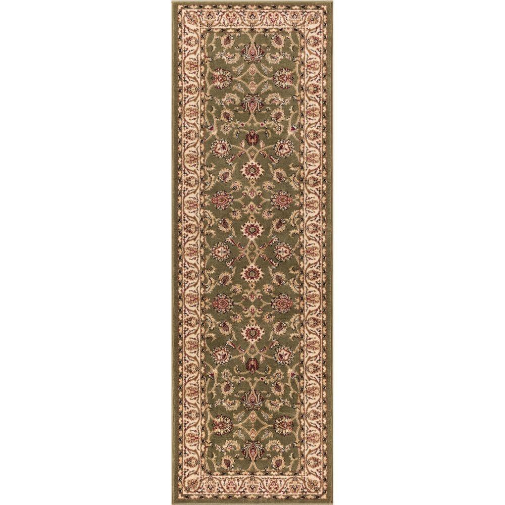 Green and Ivory Synthetic Traditional Runner Rug
