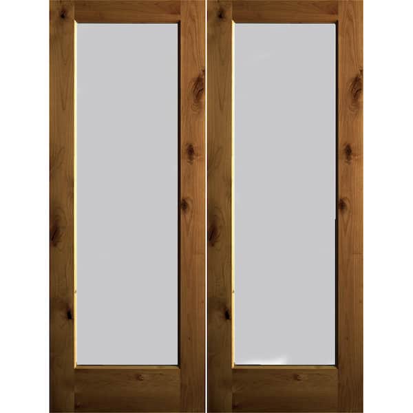 Krosswood Doors 64 in. x 96 in. Rustic Knotty Alder Wood Full-Lite Satin Etch Provincial Stain Left Active Double Prehung Front Door