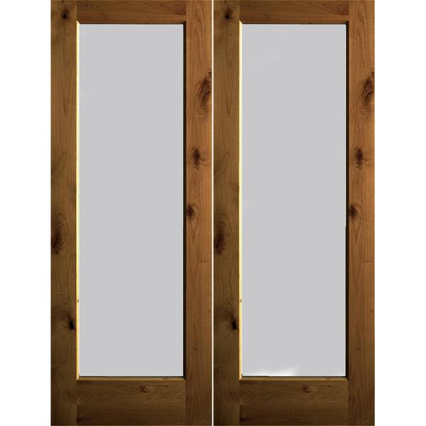Krosswood Doors 64 in. x 96 in. Rustic Knotty Alder Wood Full-Lite Satin Etch Provincial Stain Right Active Double Prehung Front Door