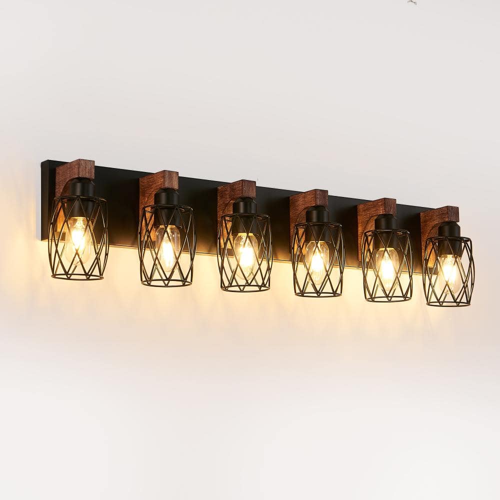 38 in. 6-Light Black Cage Wall Lighting Fixture with Wooden Accents,Industrial Vintage Wall Sconce(Bulb Not Included) price history on PriceWatchPro