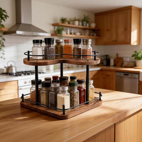 Pine Wood Finish Rotating Spice Rack Organizer Drawer Organizer with Double Layer Heart-Shaped Storage Shelf