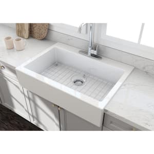 Farmhouse Apron-Front Fireclay 34 in. 3-Hole Single Bowl Kitchen Sink in White with Bottom Grid