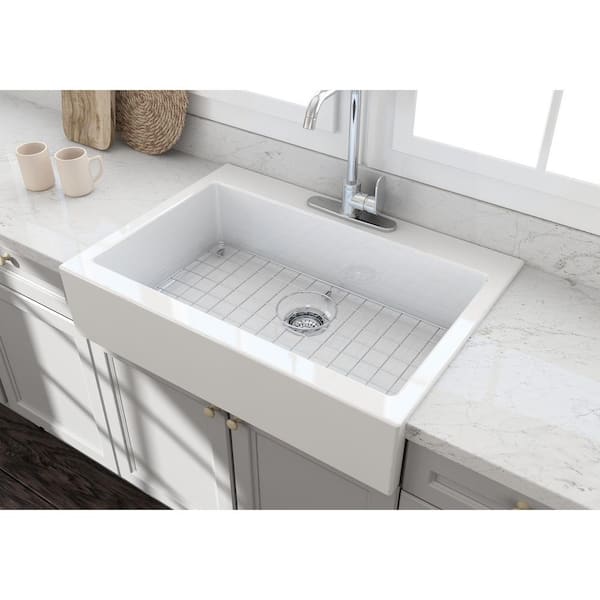 34 in. Retrofit Farmhouse Drop-in  3-Hole Single Bowl White Fireclay Kitchen Sink with Bottom Grid