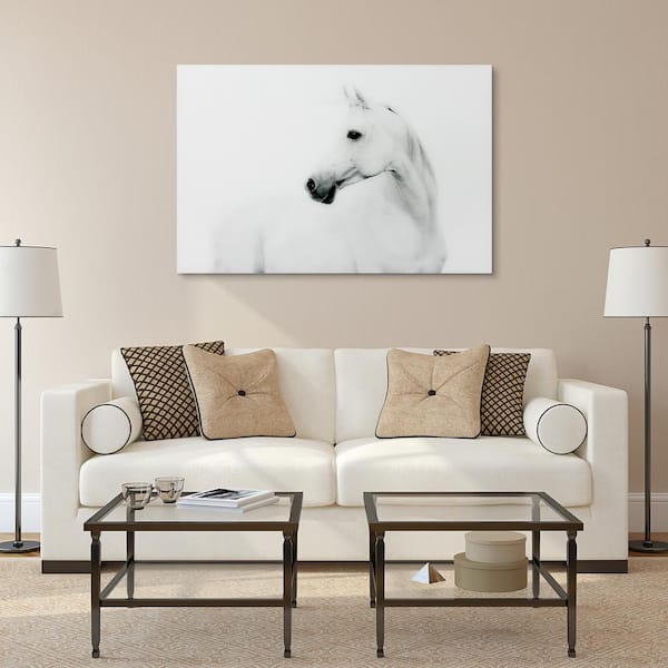 48 in. x 32 in. "Blanco Stallion Horse" Frameless Free Floating Tempered Glass Panel Graphic Art Wall Art
