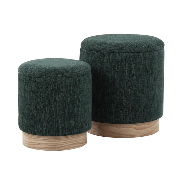 Lumisource Marla Green Fabric and Natural Wood Nesting Ottoman Set