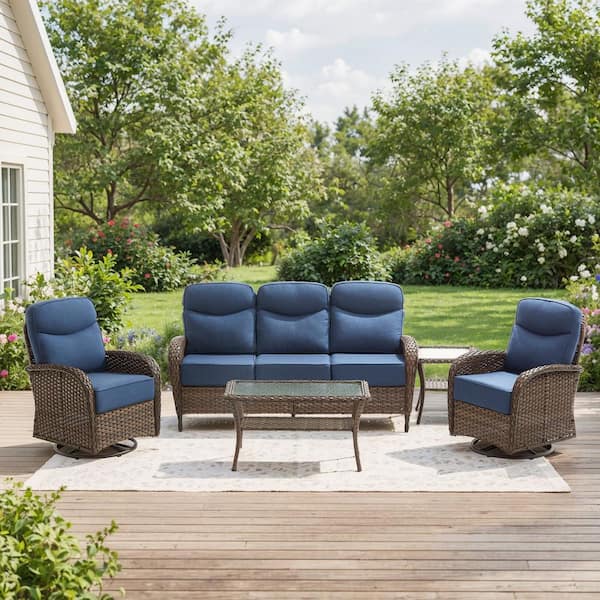 Moonridge 5-Piece Brown Wicker Patio Conversation Set with 6 in. Olefin Blue Cushions/Patio Swivel Chair with Couch