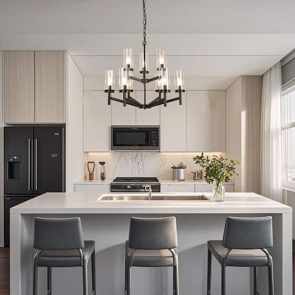 Modern 9-Light Matte Black Branch Chandelier with Clear Glass Shade for Kitchen Island