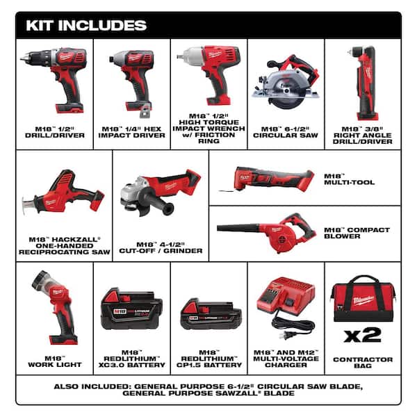 Milwaukee M18 18V Lithium-Ion Cordless Combo Kit (10-Tool) W/SHOCKWAVE  Impact-Duty Alloy Steel Screw Driver Bit Set 2695-10CX-48-32-5150 The  Home Depot