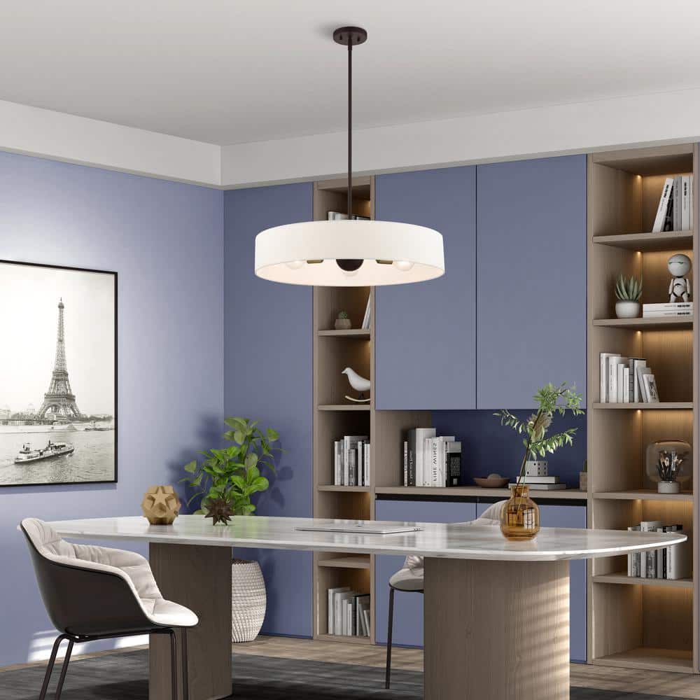 Venlo Bronze Drum Pendant with Oatmeal Fabric Shade - 5 Light