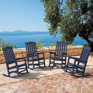 Navy Blue Plastic Adirondack Outdoor Rocking Chair with High Back, Porch Rocker for Backyard (Set of 4)