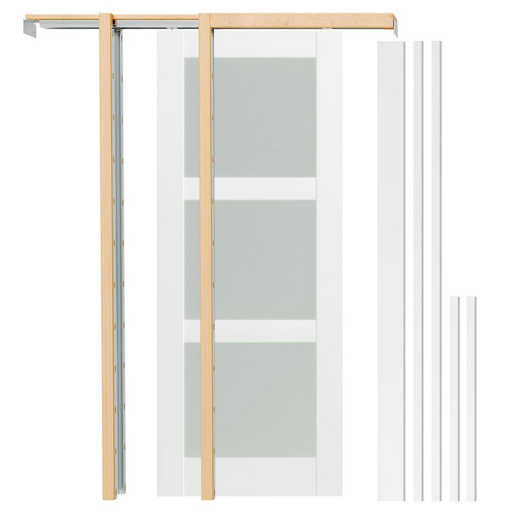 24 in. x 80 in. 3 Lite Frosted Glass White Primed Wood Door Slab with Pocket Door Frame Kit and Jamb, Pantry Door price history on PriceWatchPro