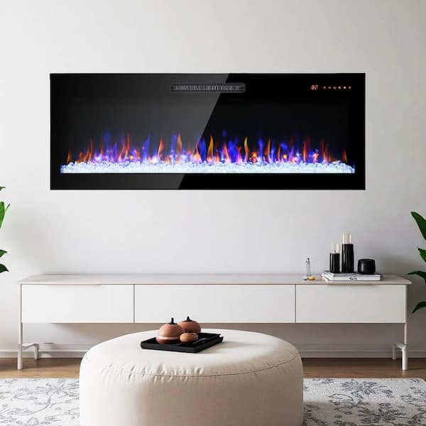 50 in. Wall Mounted Electric Fireplace Recessed Ultra Thin Tempered Glass Front Heater with Remote, Multi-Color Flame