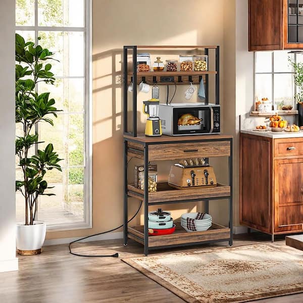 Keenyah Vintage Brown 5 Plus Shelf Metal 31.5 in. W Baker's Rack with Power & USB Outlets Microwave Oven Stand w/ Drawer