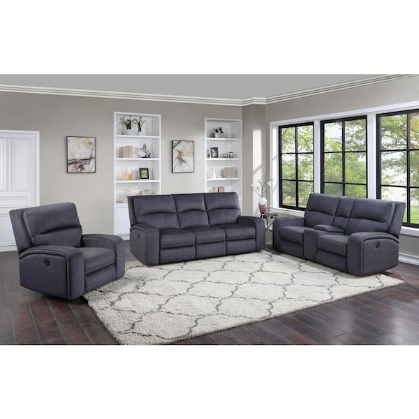 Lovell 3-Piece Charcoal Gray Reclining Polyester Living Room Set Set