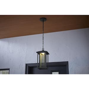Mauvo Canyon Black Dusk to Dawn Small LED Outdoor Pendant Light Fixture with Seeded Glass