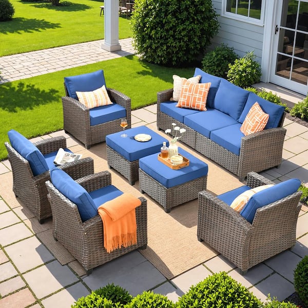 Toject Palermo Brown 7-Piece Wicker Modern Outdoor Modular Patio Conversation Sofa Seating Set with Navy Blue Cushions