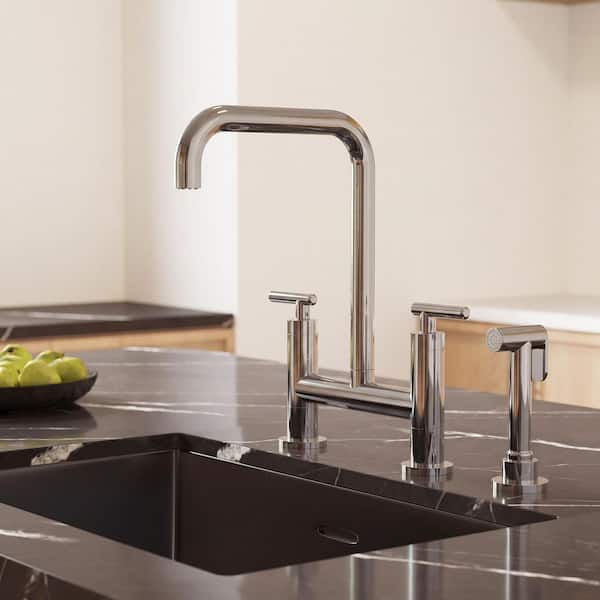 2-Handle Deck Mount Kitchen Faucet 2-Hole Bridge Kitchen Faucet with Side Sprayer in Chrome