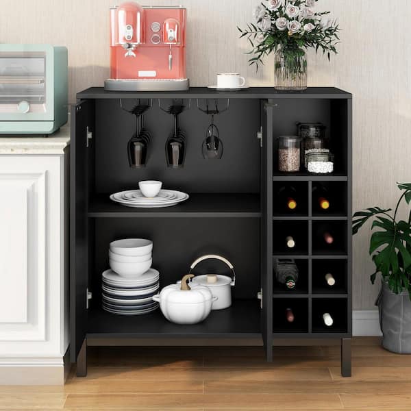 Unbranded Black Wood 34 in. Sideboards and Buffets with Adjustable Shelves Storage Coffee Bar Cabinet Wine Racks Storage Server