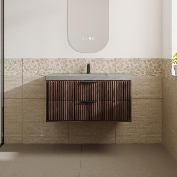 VLeaf 36 in. W x 18.5 in. D x 22 in. H Single Sink Wall Hung Bath Vanity Cabinet in Dark Walnut with Gray Cement Top