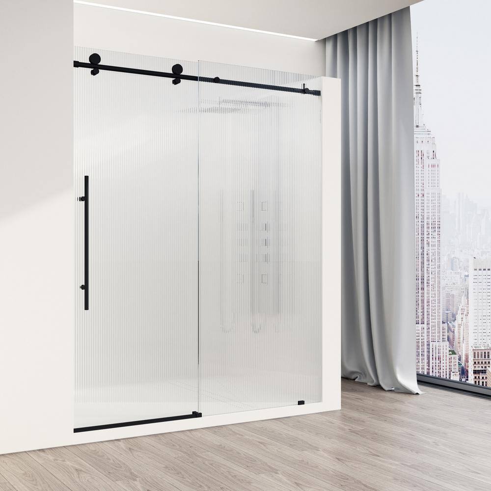 Matte Black Frameless Sliding Shower Door with Fluted Glass