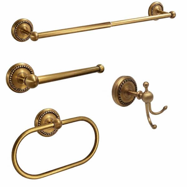 Brushed Gold 4-Piece Antique Brass Adjustable Towel Bar Oval Ring Toilet Paper Holder Robe Hook Set in