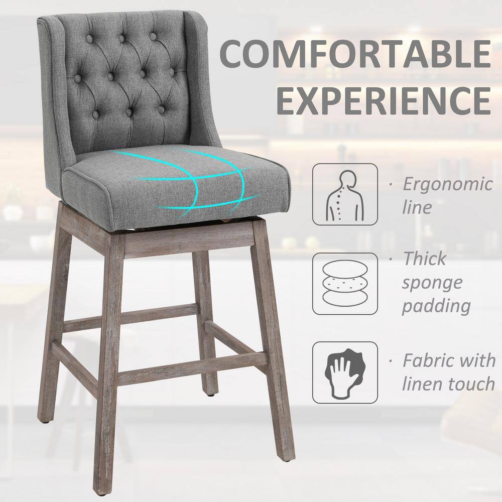 Gray Swivel Bar Stools with Wood Footrests, Set of 2