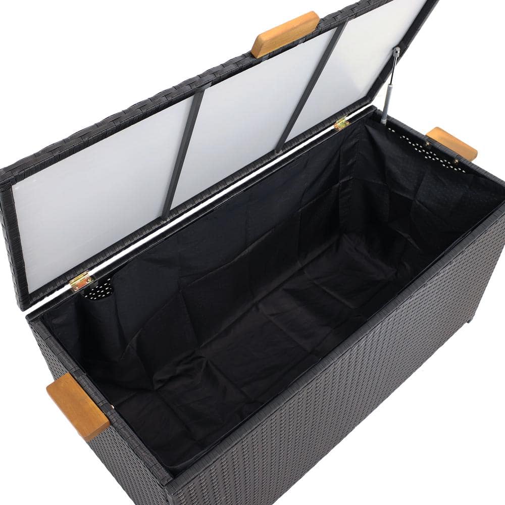 Black Resin Wicker 75-Gallon Deck Storage Box with Acacia Handles