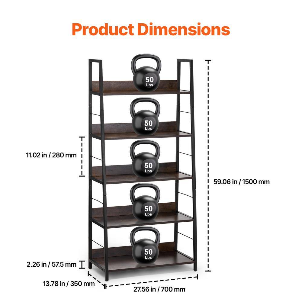 Tall Brown Matte 5-Tier Ladder Metal Bookshelf
