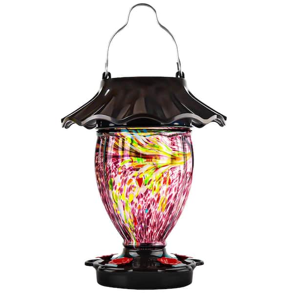 Solar Powered Purple Glass Hanging Color Changing Hummingbird Nectar Feeder-32 oz. 1-Pack