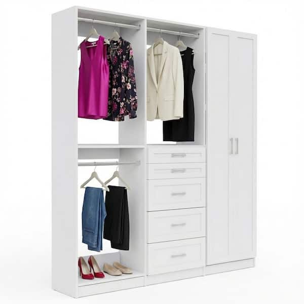 Alto Collection 84 in. W White Wall Mounted Shaker Double Hang, 5-Drawer Hang and Shelves Full Door Wood Closet System