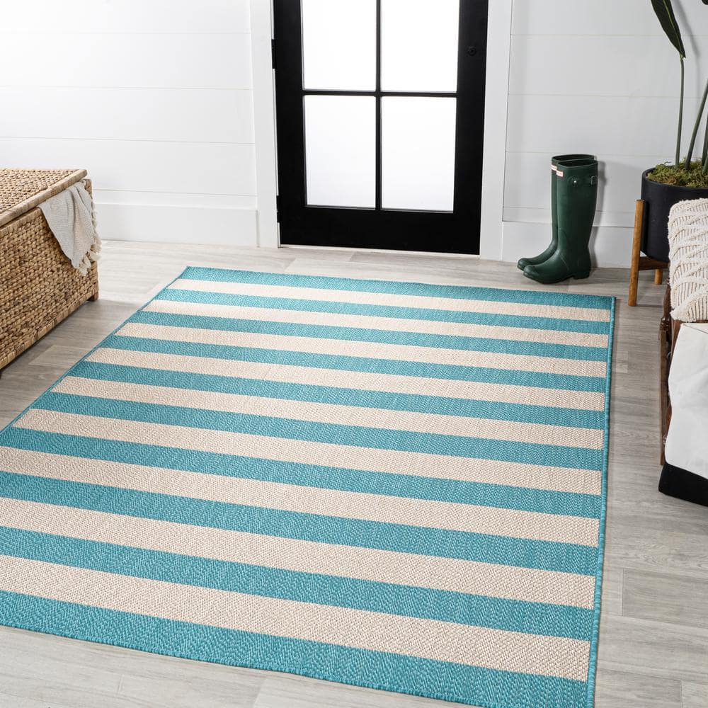 Aqua and Cream Wide Stripe Synthetic Indoor/Outdoor Rug 3x5