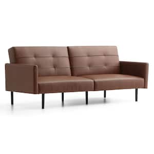 2-Seat Brown Faux Leather Futon Chair Sofa Bed with Buttonless Tufting