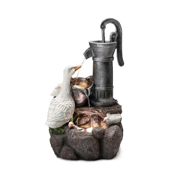 Glitzhome 23.50 in.H Cute Duck Family Polyresin Cascade Outdoor Fountain with Pump and LED Light (KD)