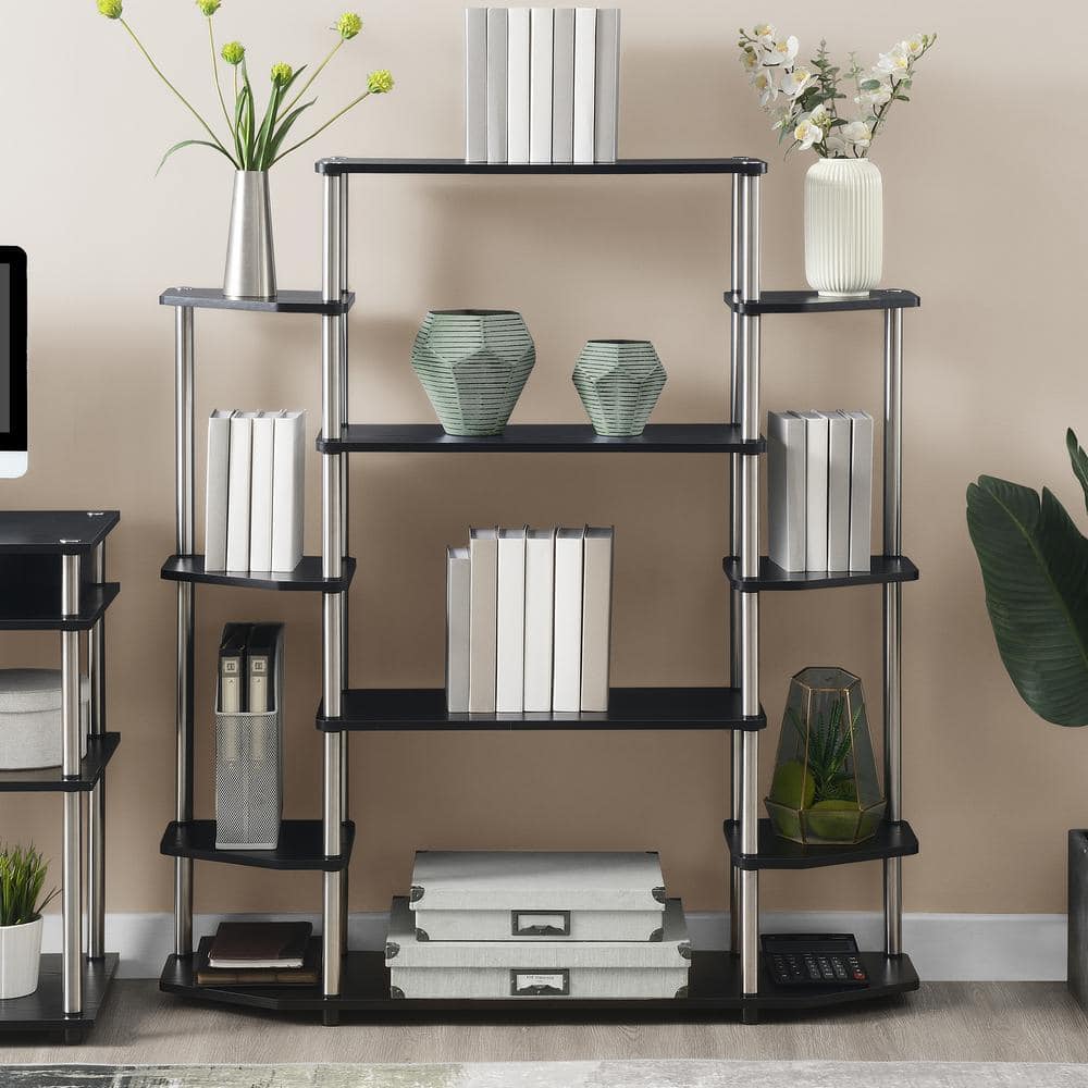 Black Wood and Stainless Steel 10-Shelf Wall Unit