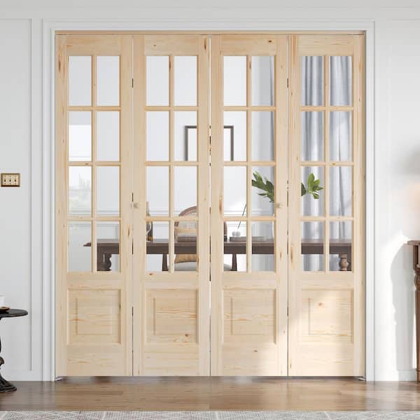 72 in. x 80 in. 3/4 Lite Preassembled Clear Glass Solid Core Wood Spruce Bi-Fold French Door with Hardware