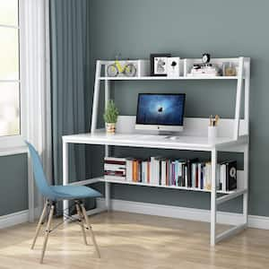 Sally 55 in. Rectangular White Metal and Particle Wood Board Top Computer Desk with Monitor Stand and Hutch Bookshelf