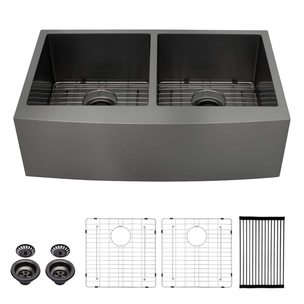 Gunmetal Black 33 in. Farmhouse/Apron-Front Double Bowl 16 Guage Stainless Steel Kitchen Sink with Bottom Grid