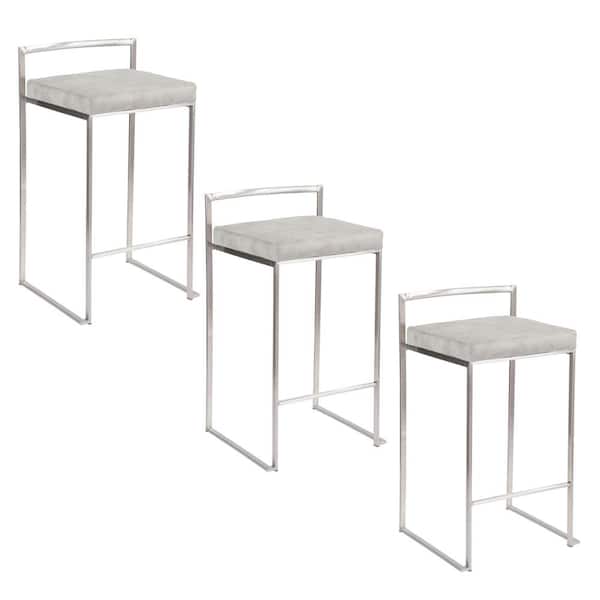 Fuji 27.75 in. Light Grey Cowboy Fabric and Stainless Steel Metal Stackable Counter Stool (Set of 3)