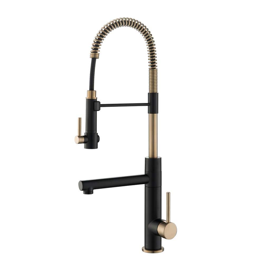 Black Stainless Steel and Brushed Gold Commercial Kitchen Faucet with Pull-Out Spray