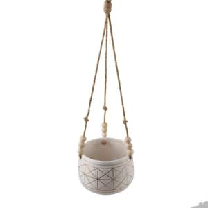 6 in. White/Gold Line Geometric Ceramic Hanging Planter with Beads