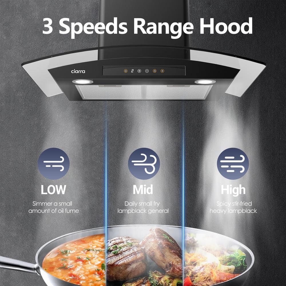 CIARRA 30-inch Black Convertible Wall Mount Range Hood with Glass Visor